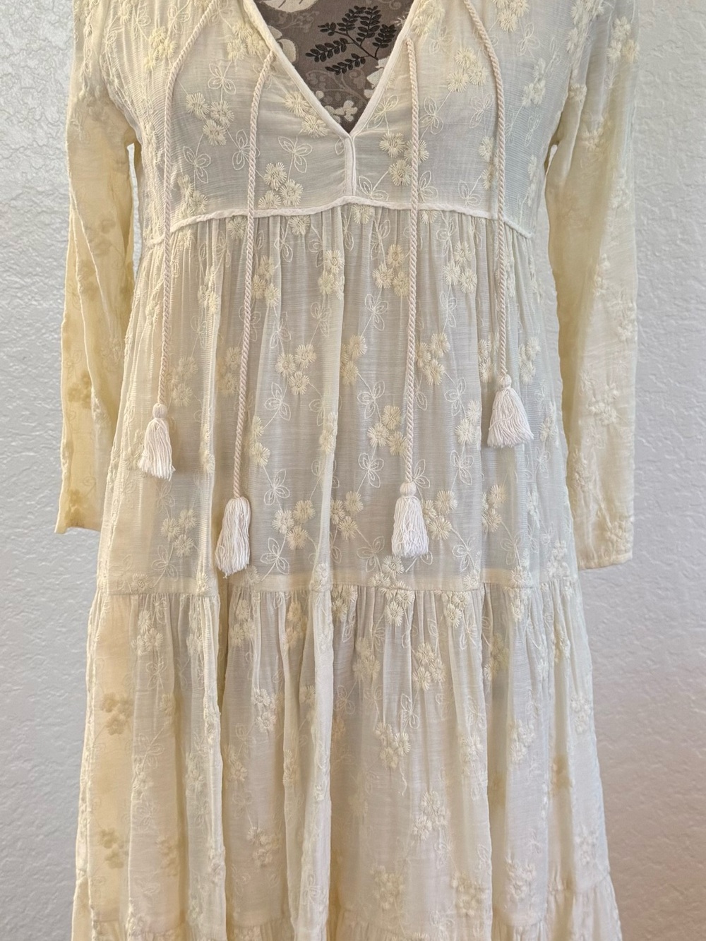 Christy Dawn Paloma Cream Embroidered Tassel Dress